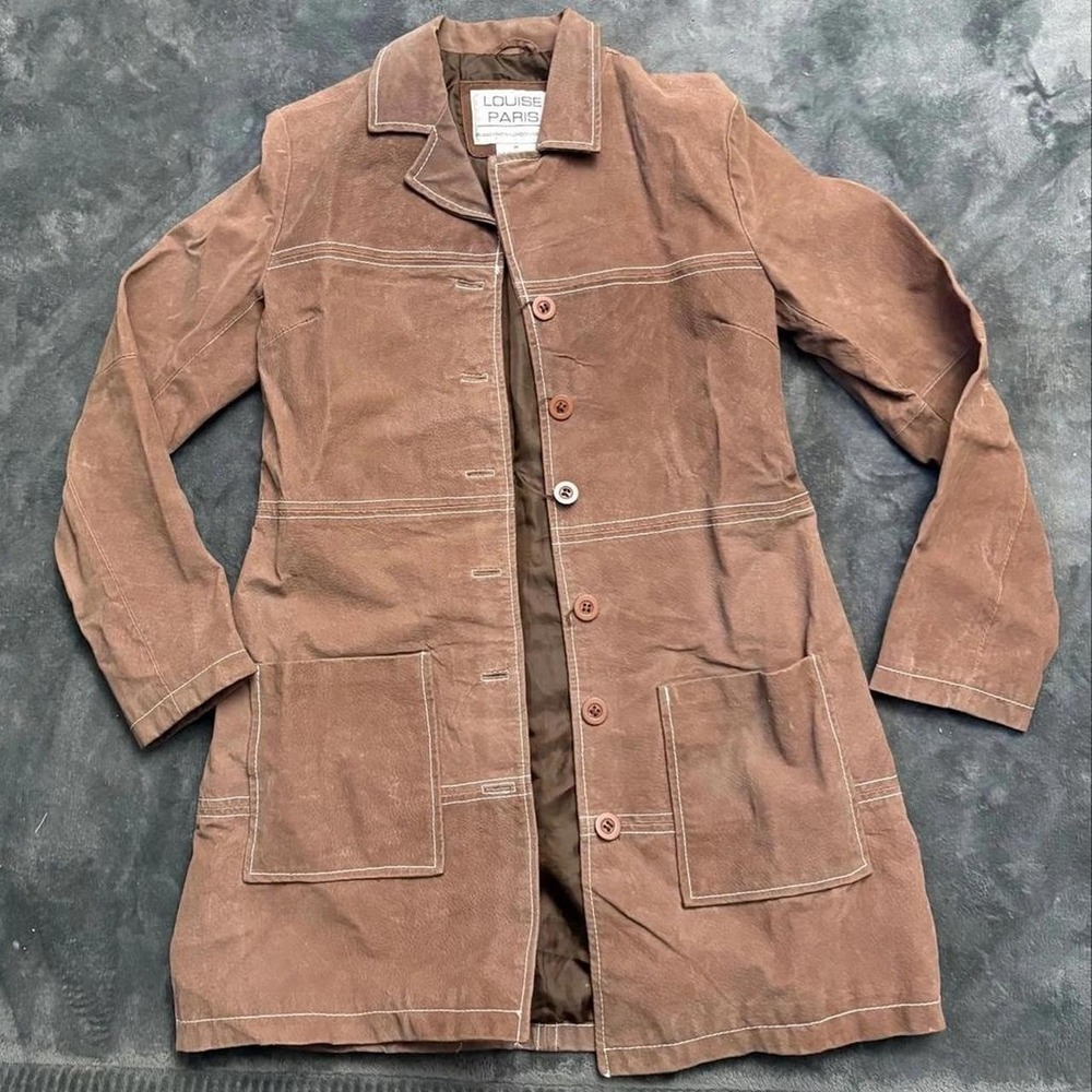 Louise Paris Brown Leather Coat White Contrast Stitching Vintage Style Size M